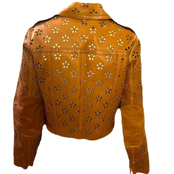 Burberry Lambskin Laser Cut Flower Perforated Motorcycle Biker Jacket Camel Sz4 - Picture 5 of 16